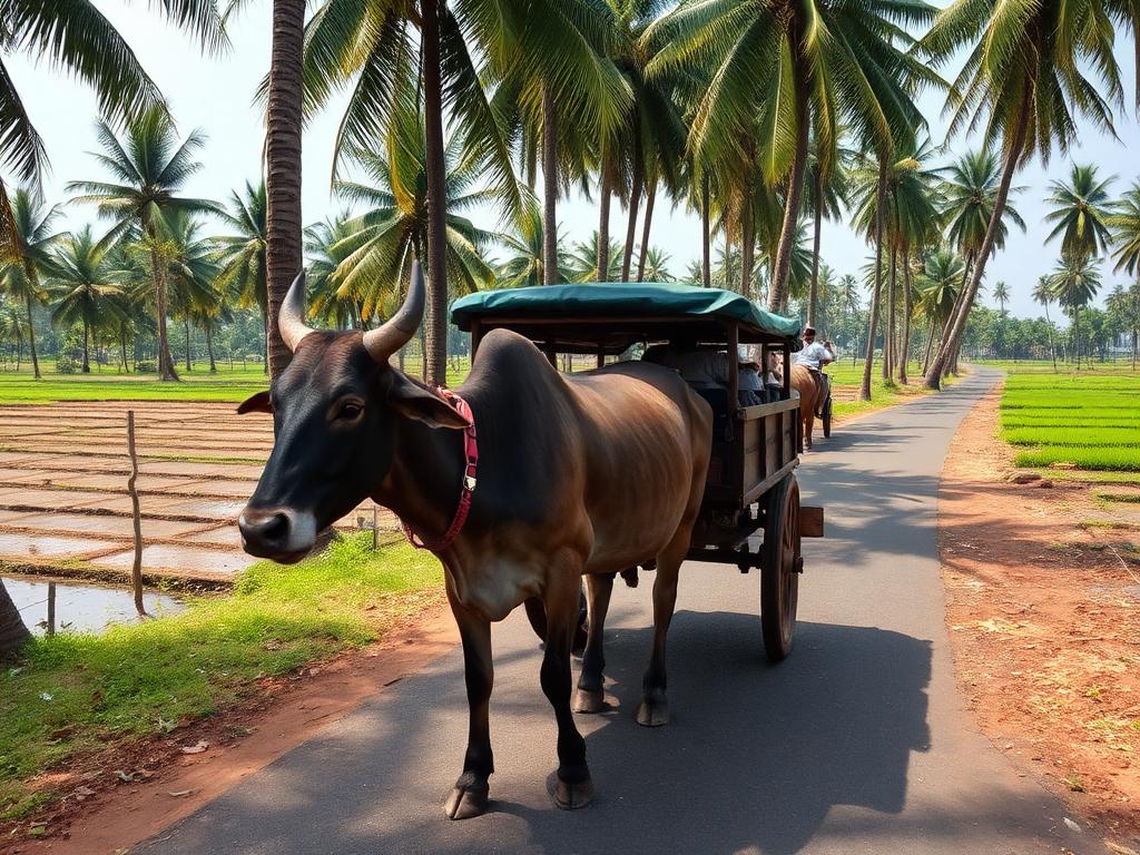 Traditional bullock cart ride in Sri Lankan village